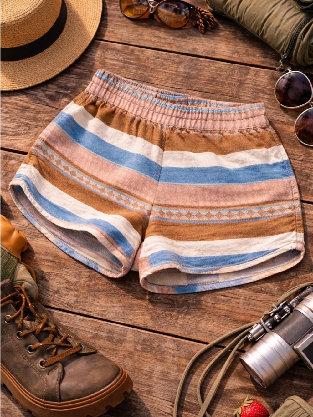 Kavu Striped Women's Shorts in Blue, Tan, Cream